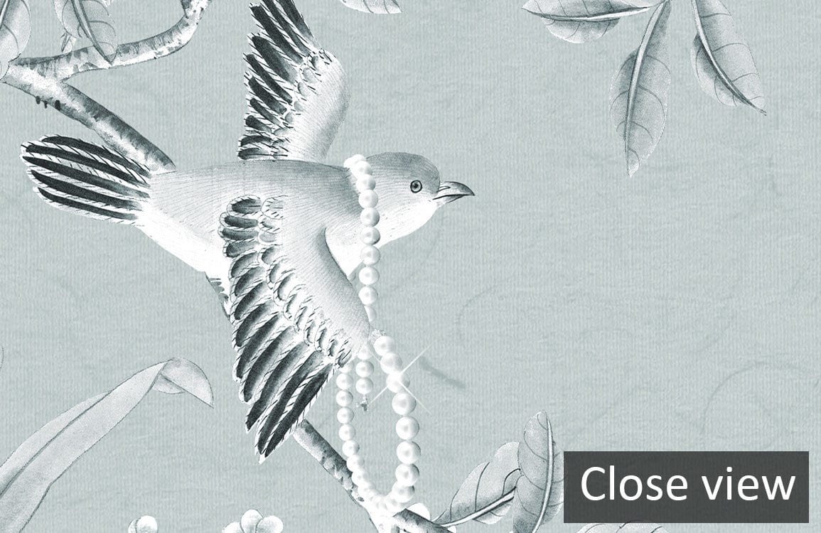 Bird with a string of pearls in its beak on papier peint mural fleur incolore for mural fleur incolore
