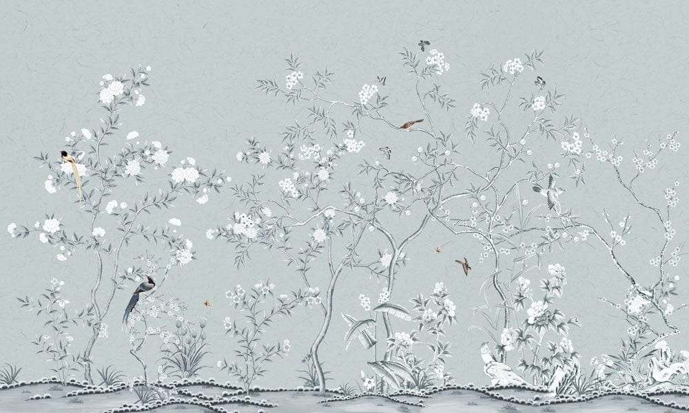 Papier peint mural fleur incolore avec design chinois, fleurs, oiseaux et papillons