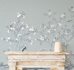 Peint Mural Fleur Incolore Éveil de Nature et Oiseaux sur Vert Pâle - Vignette | Mr Papier Peint