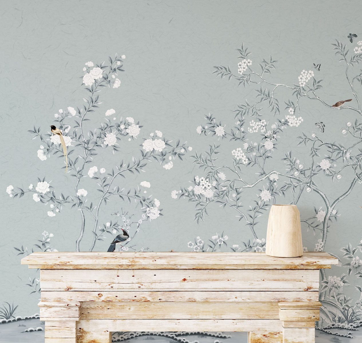 Papier peint mural fleur incolore avec motif floral et oiseau peint à la main