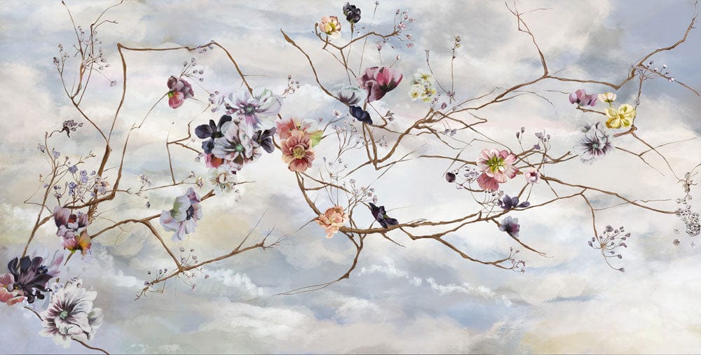 Photo de branches en fleurs contre un ciel nuageux pour peinture murale fleurs et fleurs Épanouies