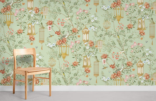 Papier Peint Mural Fleurs & Cage à Oiseaux II - Le meilleur Papier peint panoramique Sur mesure