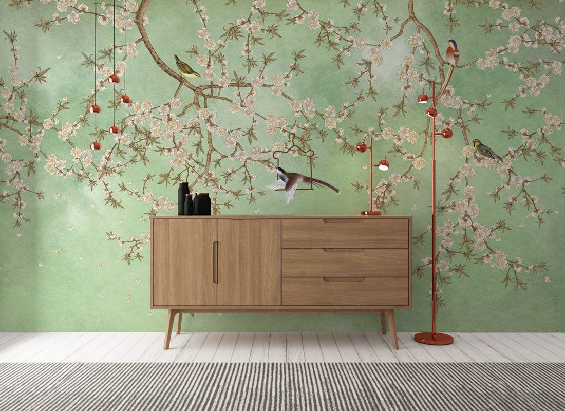 Buffet en bois clair avec portes et tiroirs, parfait pour un peint mural fleurs