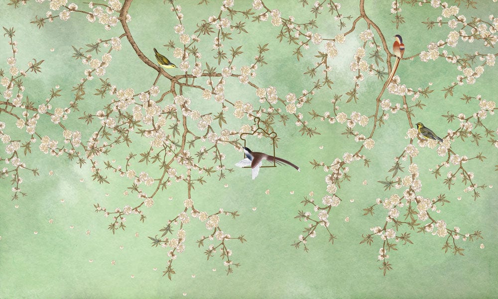 Papier peint mural fleurs avec arbre en fleurs et oiseaux perchés, décoration murale nature