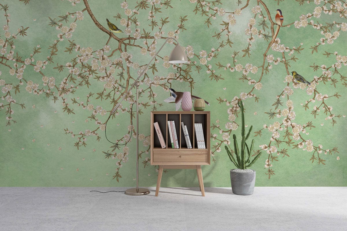 Peint mural fleurs sur mur vert avec arbre en fleurs et oiseaux, papier peint mural naturel
