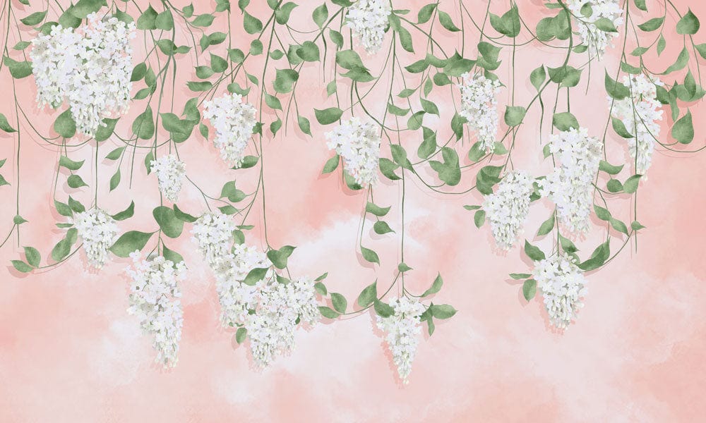 Papier peint mural fleurs avec blanches glycines et feuilles vertes sur fond rose pâle