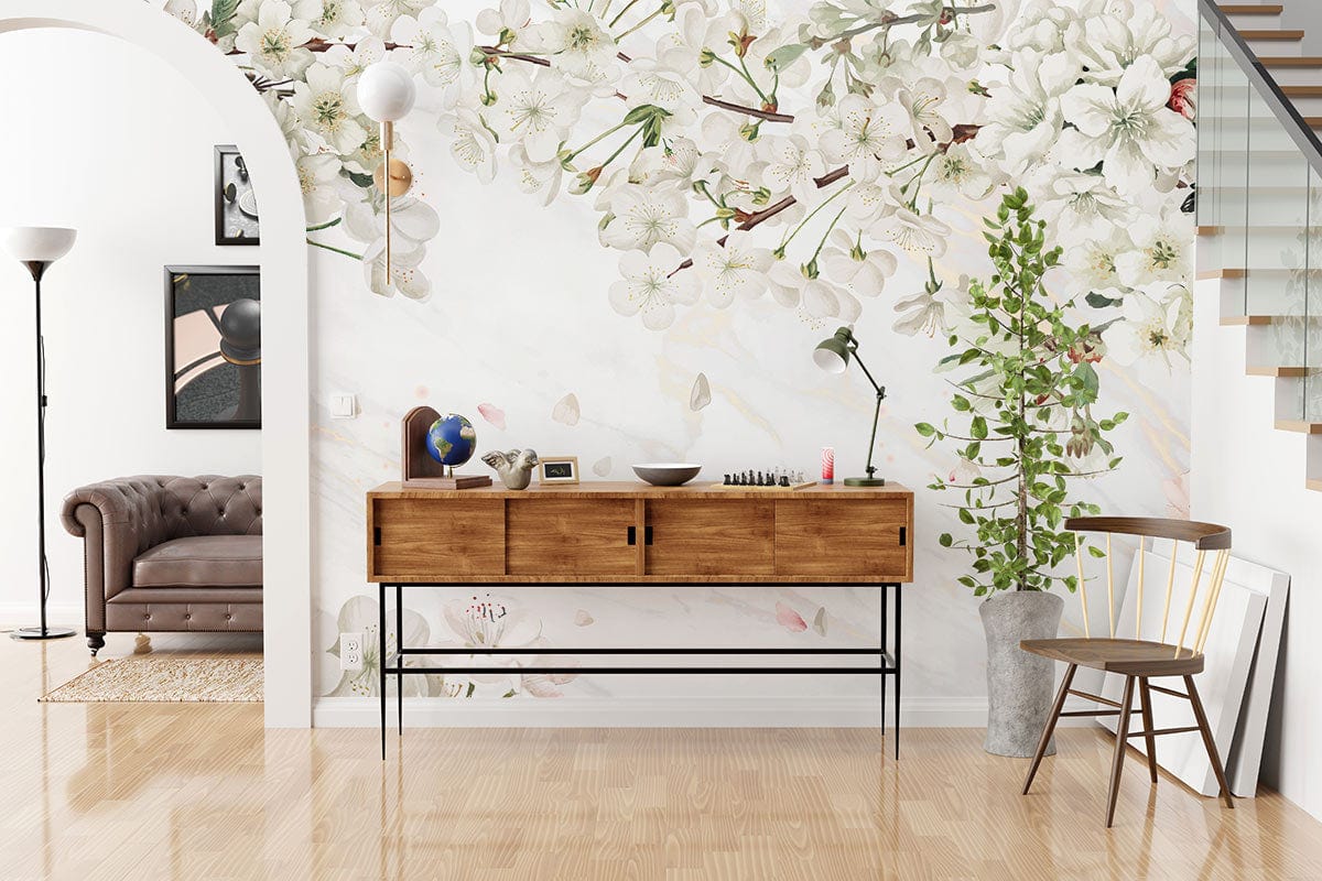 Console en bois avec portes coulissantes pour peinture mural fleurs ou papier peint mural fleurs