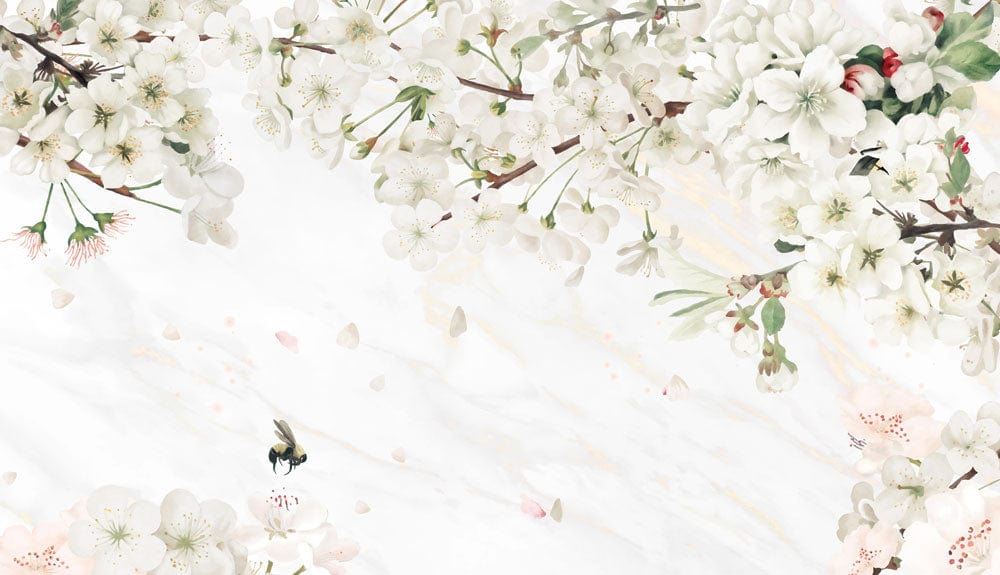 Papier peint mural fleurs avec cerisiers en fleurs blanches et abeille
