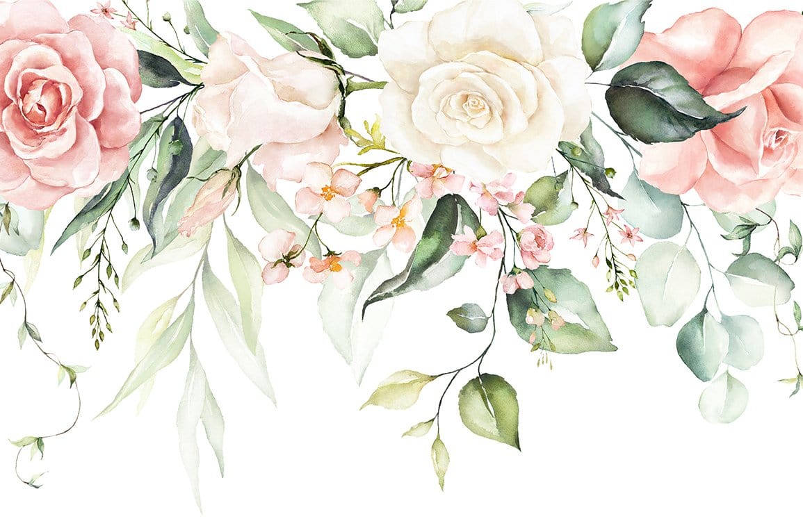 Peinture murale fleurs avec roses roses blanches et feuilles vertes pour Papier Peint Mural