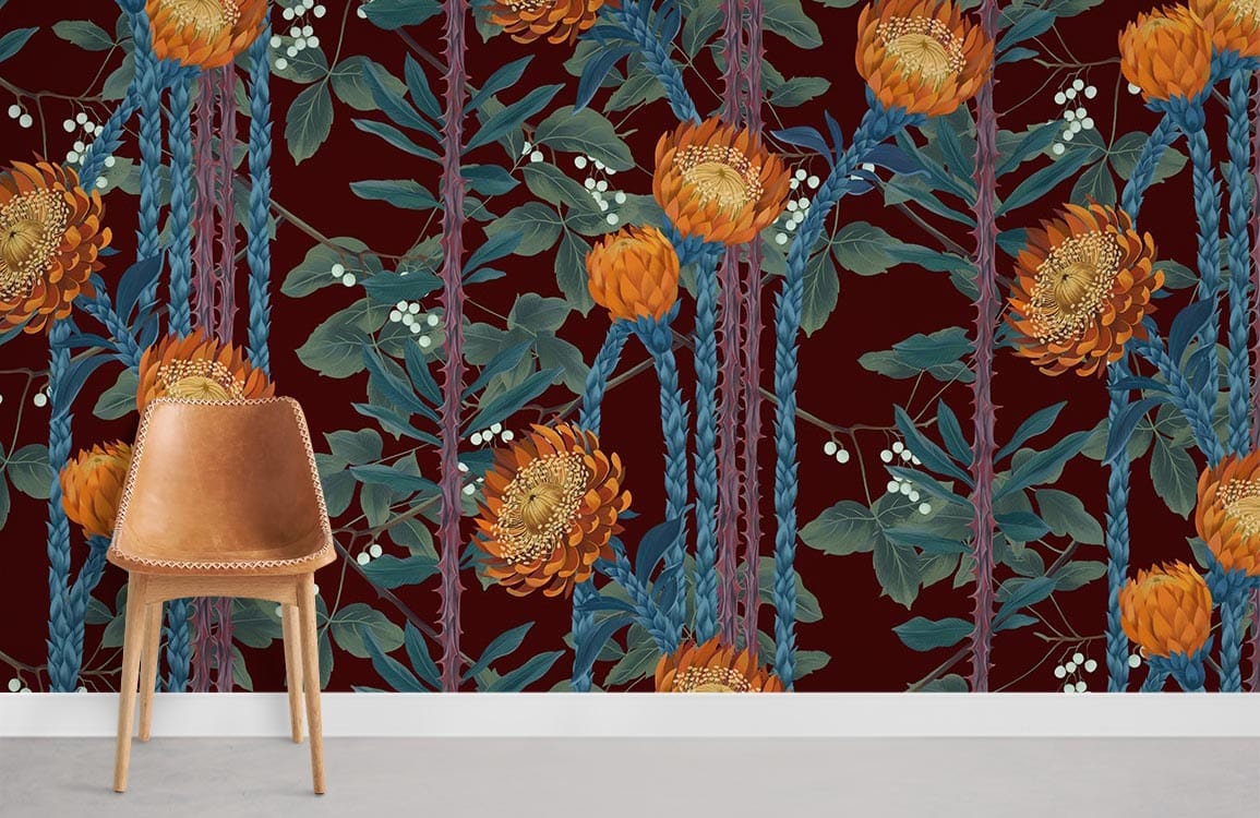 Chaise de salle à manger en cuir marron avec couture visible, idéal pour peinture murale fleurs