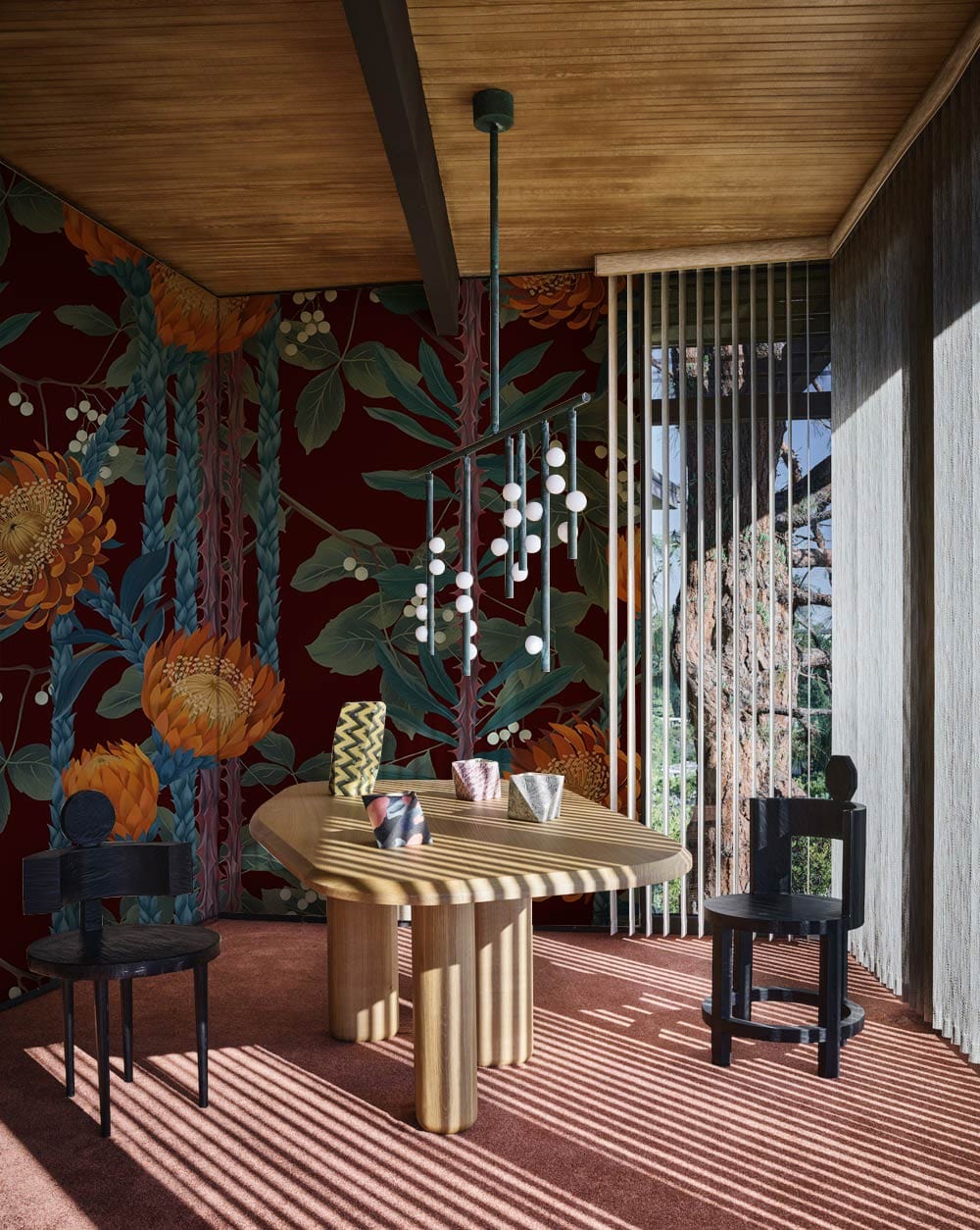 Chandelier moderne avec sphères lumineuses et rods noirs, idéal pour peinture murale fleurs