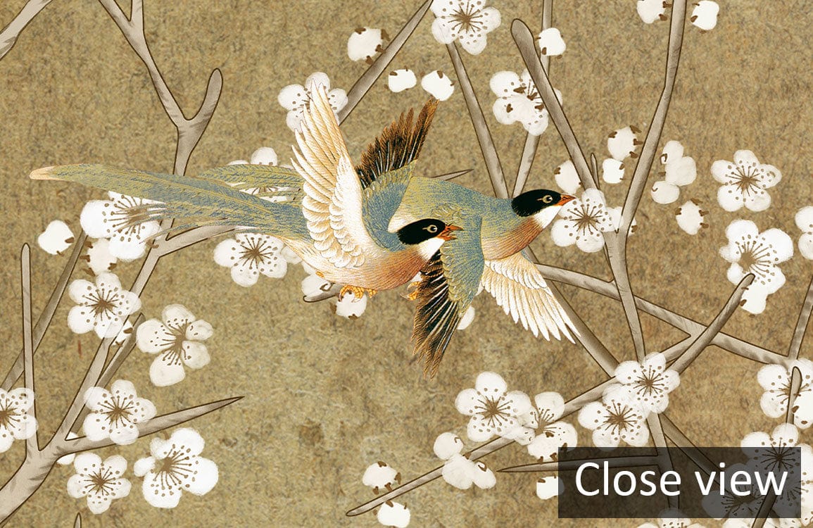Papier peint mural fleurs Étoilées avec deux long-tailed tits parmi les fleurs de cerisier blancs