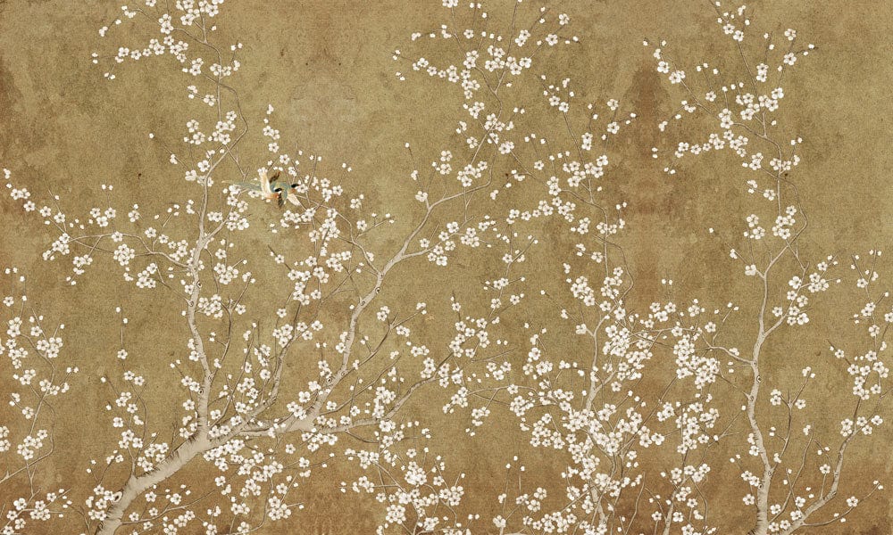 Papier peint mural fleurs Étoilées avec mur en or et délicates fleurs de cerisier