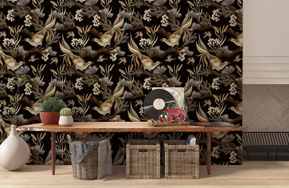 Papier peint mural Fleurs & Oiseaux sur fond noir - Le meilleur Papier peint panoramique Sur mesure