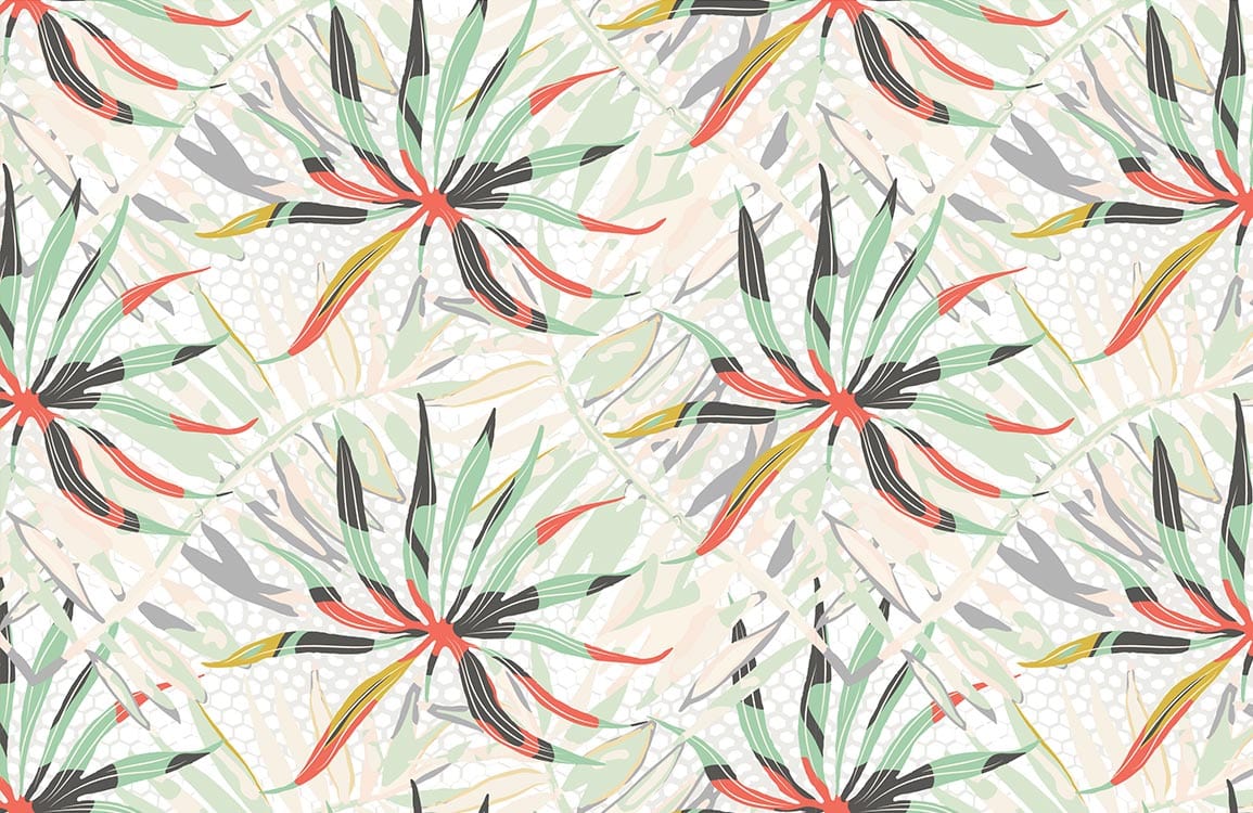 Papier peint mural fleurs oscillantes avec motif tropical en couleurs pastel muted
