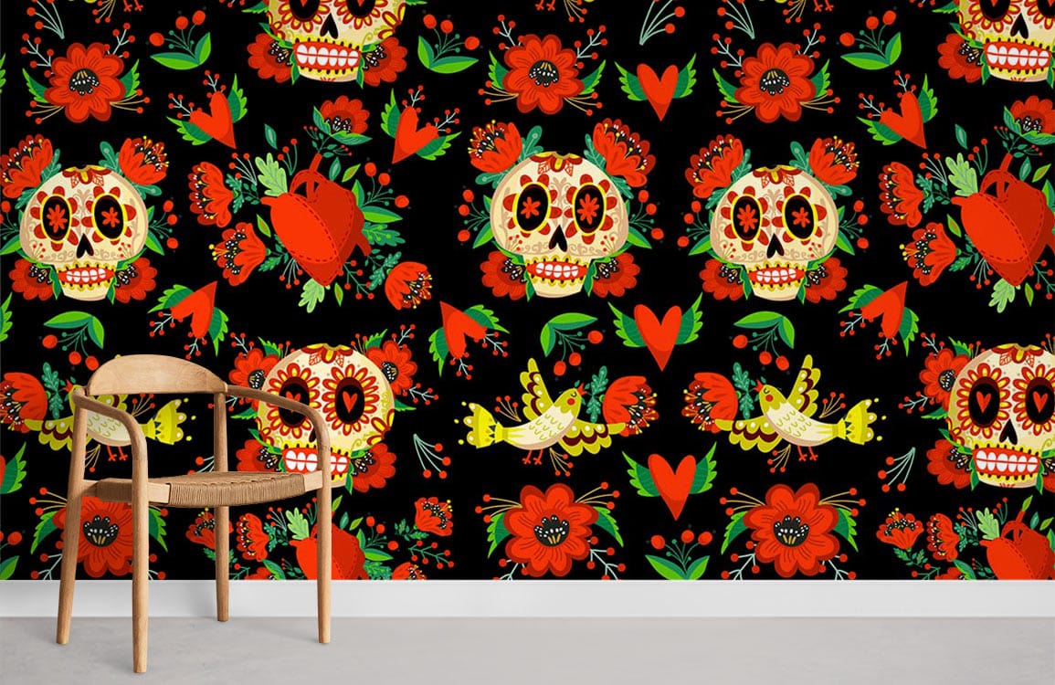 Chaise en bois clair avec siège tissé, idéale pour peinture murale fleurs ou papier peint mural