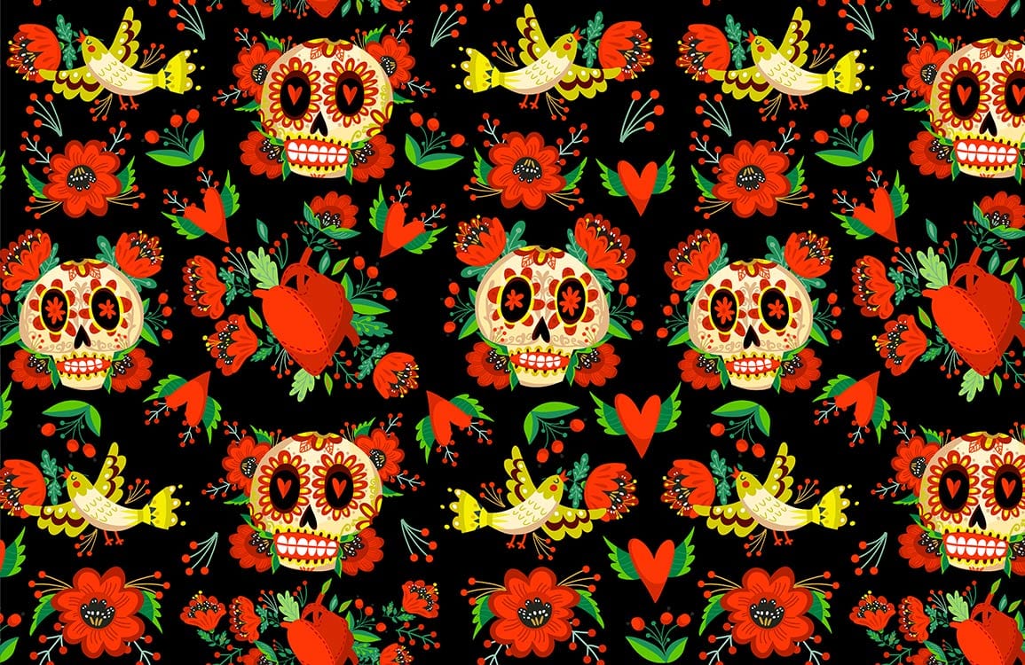 Peinture murale fleurs avec motifs de squelettes, fleurs rouges et oiseaux jaunes sur noir