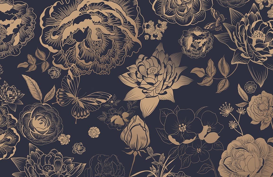 Peint mural fleurs vintage avec motif floral doré sur fond bleu foncé pour Papier Peint Mural