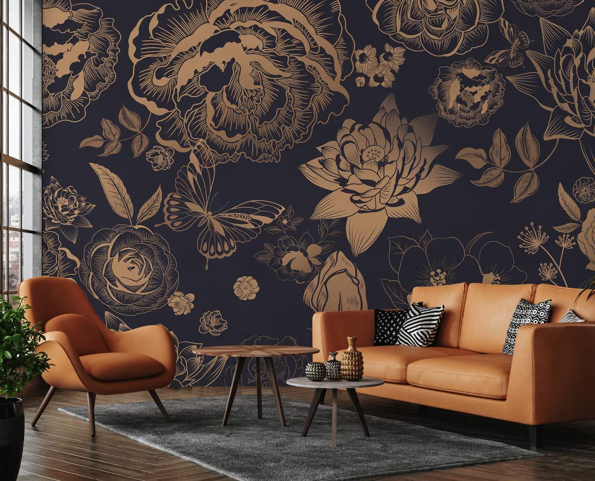 Papier peint mural fleurs vintage dorées avec motifs floraux et papillons en bleu foncé