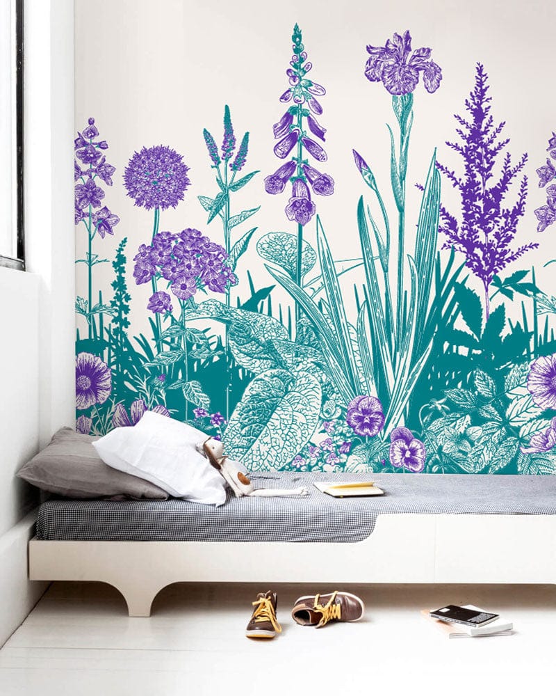 Papier peint mural Fleurs Violettes & Turquoise - Le meilleur Papier peint panoramique Sur mesure