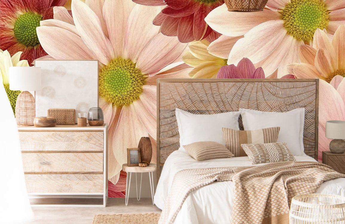 Photo d une chambre cozy avec un mur d accent en papier peint mural floraison de Chrysanthème