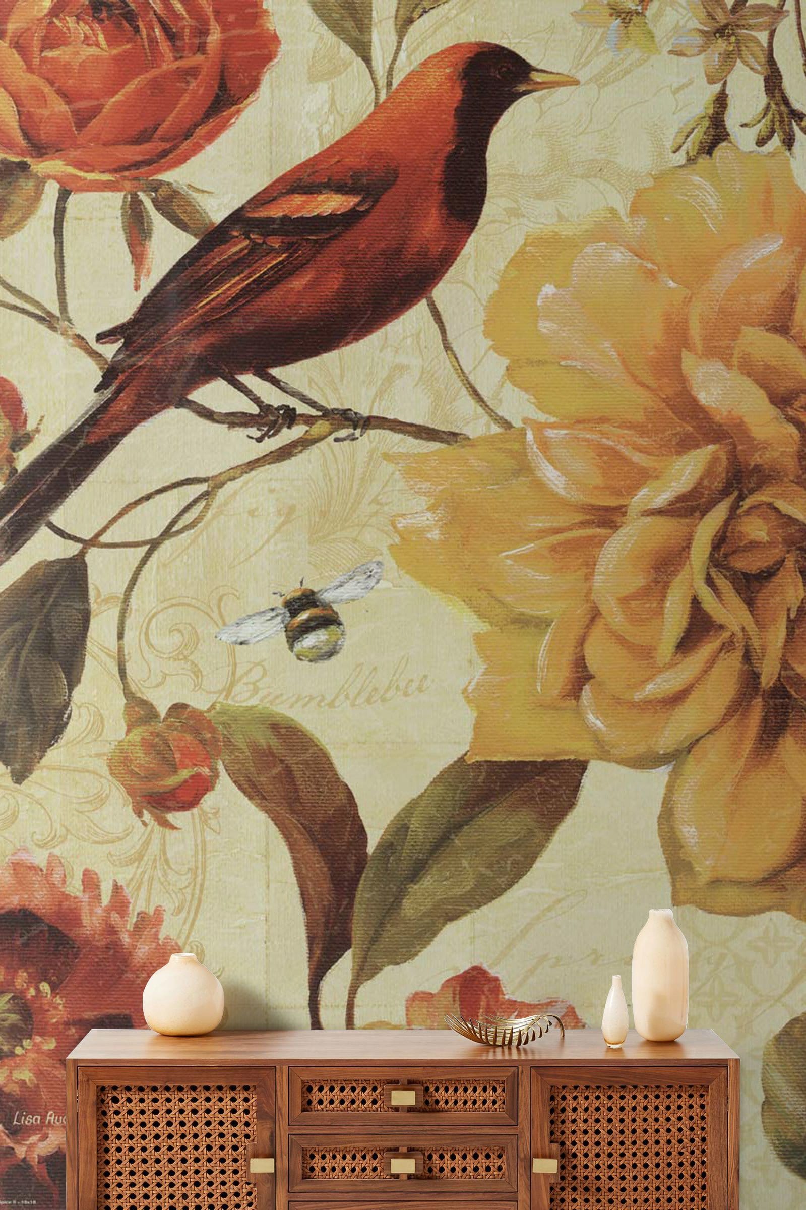 Papier peint mural floral vintage jaune - Le meilleur Papier peint panoramique Sur mesure