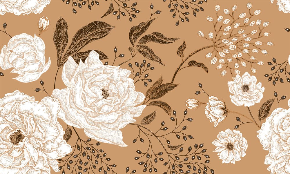 Papier peint mural fluorescent avec motif floral blanc et feuillage marron sur fond tan