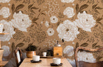 Peint mural fluorescent Pivoines Blanches et Feuillage sur Fond Beige - Vignette | Mr Papier Peint