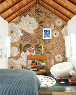 Peint mural fluorescent Pivoines Blanches et Feuillage sur Fond Beige - Vignette | Mr Papier Peint