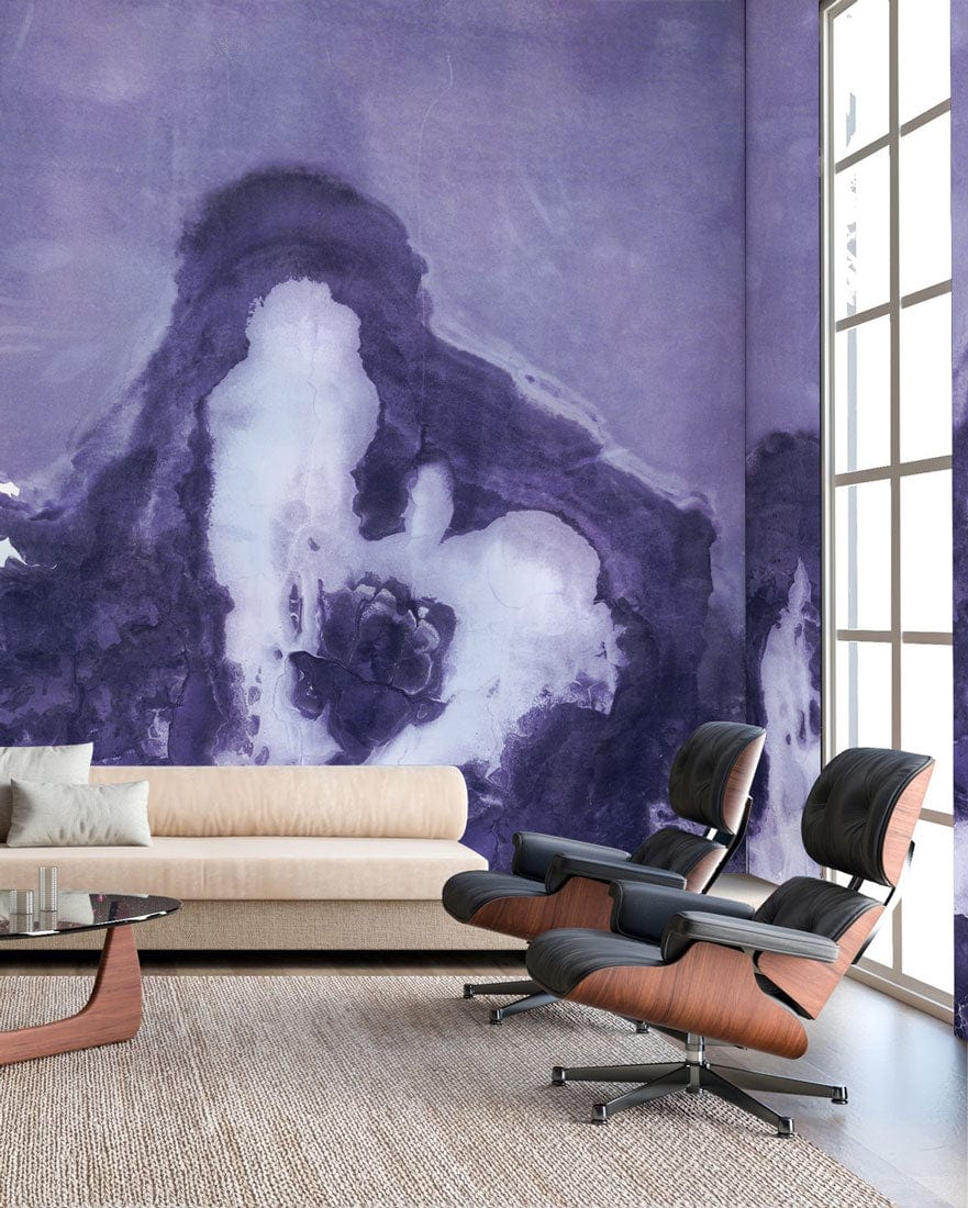 Papier peint mural fondant violet et blanc avec motif abstrait géologique pour décoration intérieure