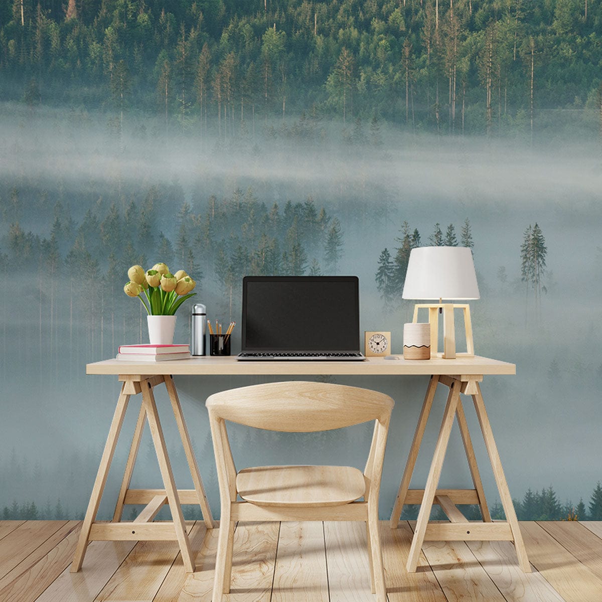 Photo d’un bureau en bois avec ordinateur, lampe et fleurs pour le papier peint mural forêt