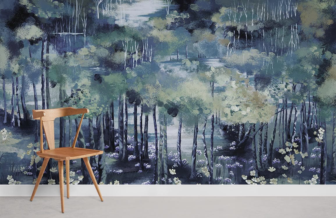 Chaise de salle à manger en bois avec dos ajouré, idéale pour peinture mural forêt