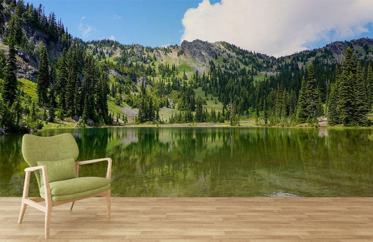 Chaise en tissu vert clair avec bras et pieds en bois, idéale pour peinture murale forêt