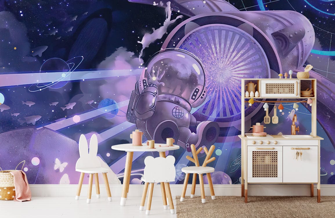 Peint mural gloire de l’astronaute avec jouets enfant, passionnés d’astronomie