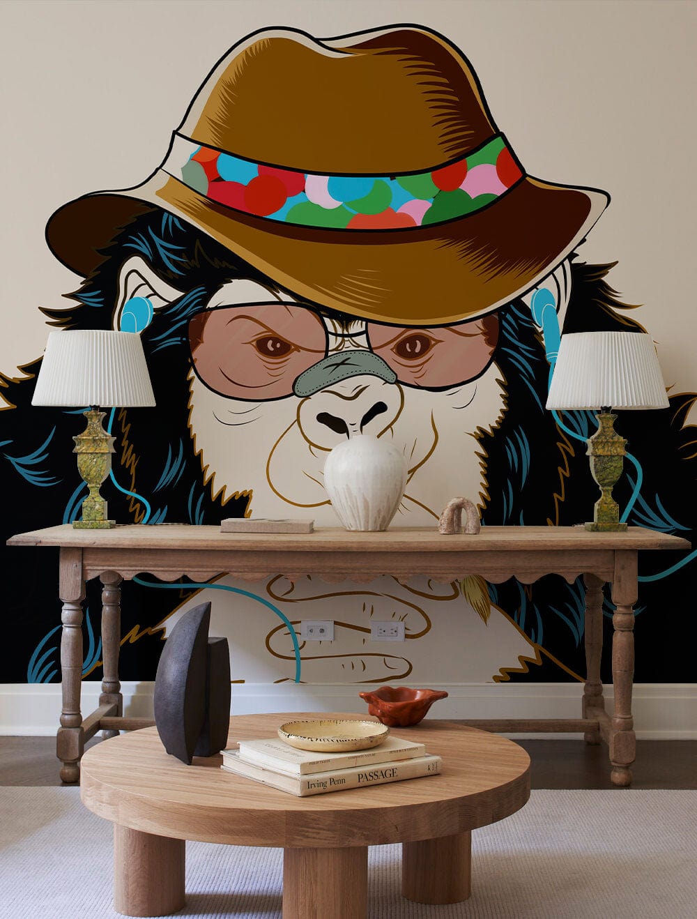 Peint mural gorille stylisé portant fedora et lunettes pour papier peint mural gorille cowboy