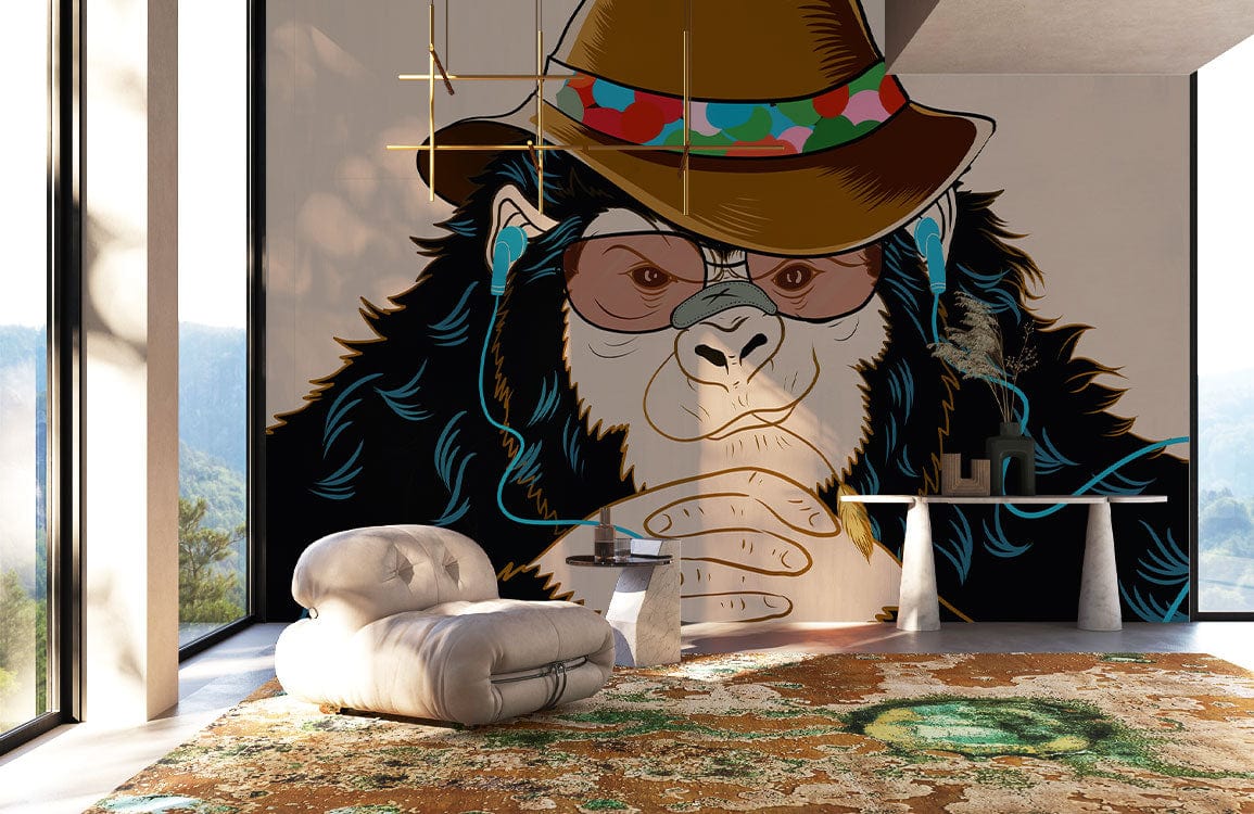 Fauteuil en tissu léger avec accents métalliques, idéal pour le papier peint mural Gorille Cowboy