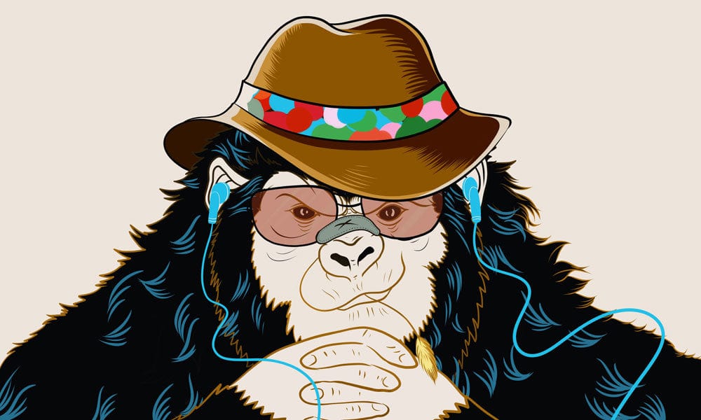 Peint mural gorille stylé portant fedora, lunettes et earbuds, mural gorille cowboy