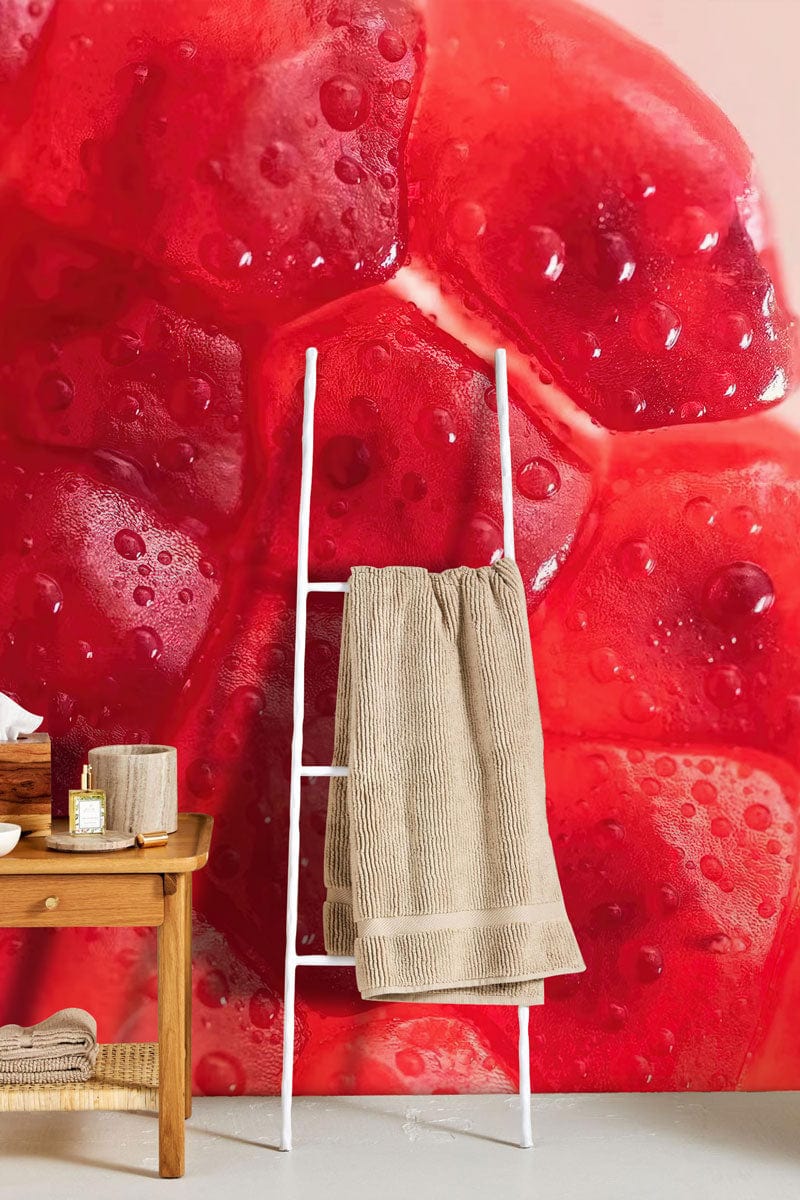 Towel beige textured hanging on white ladder rack with mural grenade cristalline wallpaper