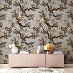 Papier peint mural gris avec fleurs et oiseaux - Vignette | Mr Papier Peint