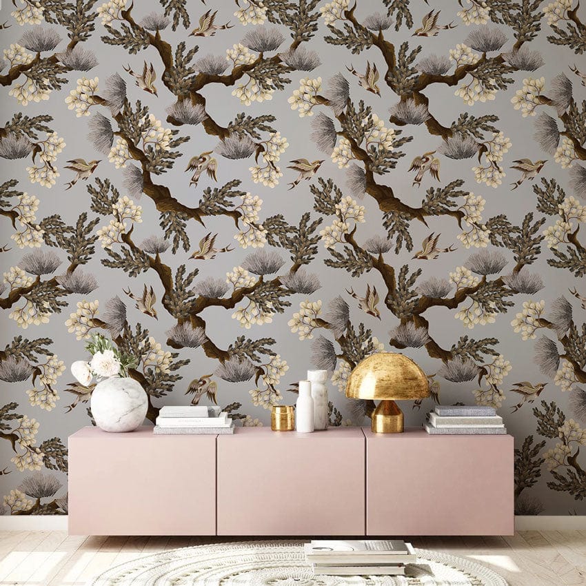 Papier peint mural gris avec fleurs et oiseaux - Le meilleur Papier peint panoramique Sur mesure