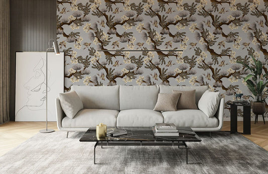 Papier peint mural gris avec fleurs et oiseaux - Le meilleur Papier peint panoramique Sur mesure