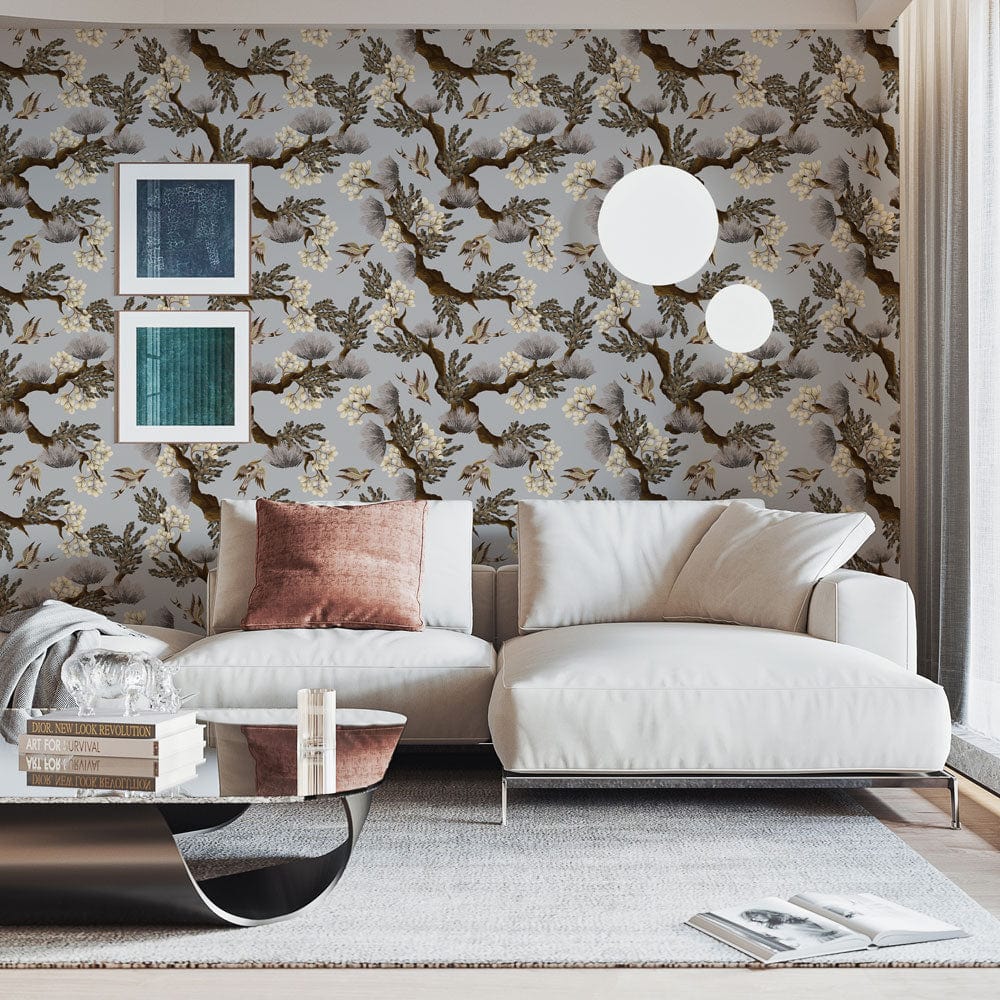 Papier peint mural gris avec fleurs et oiseaux - Le meilleur Papier peint panoramique Sur mesure