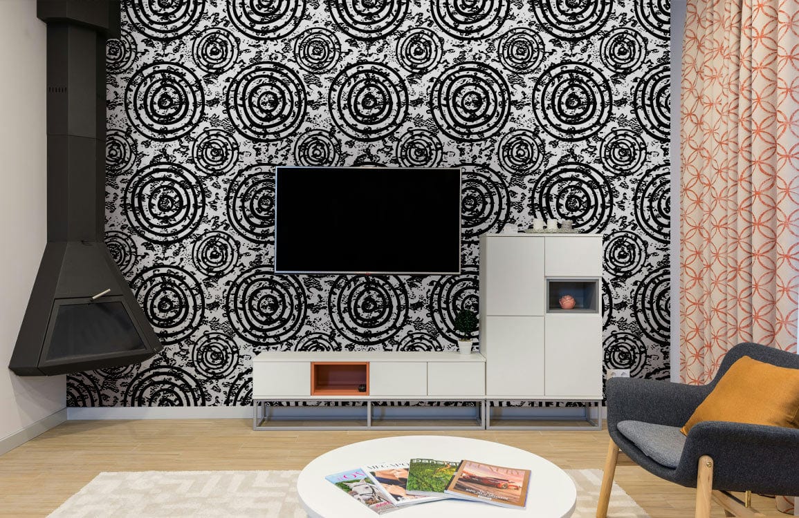 Papier peint mural grunge noir et blanc avec motif abstrait circulaire pour décoration intérieur