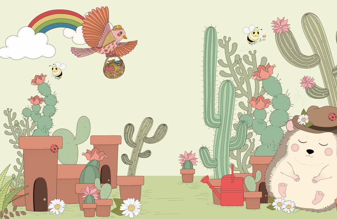 Hérisson cartoon avec chapeau, cacti et fleurs, pour peint mural hérisson ou mural hérisson