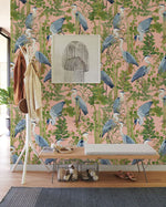 Papier peint mural hérons bleus sur fond rose et feuillage exotique - Vignette | Mr Papier Peint