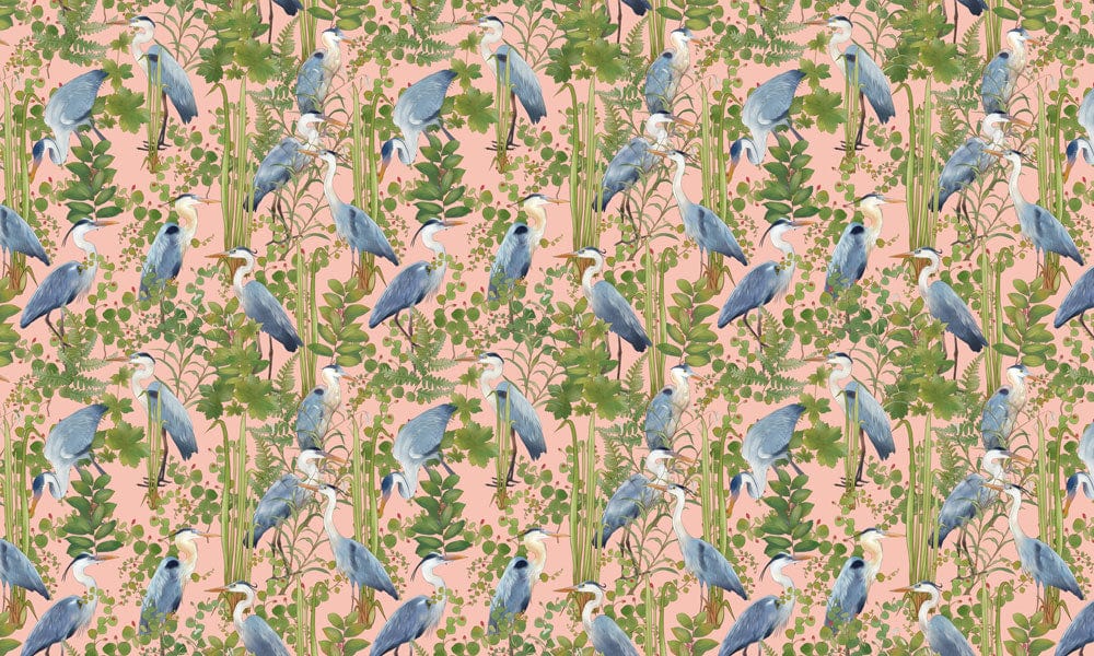 Peint mural hérons avec motif de hérons gris parmi feuillage vert sur fond rose