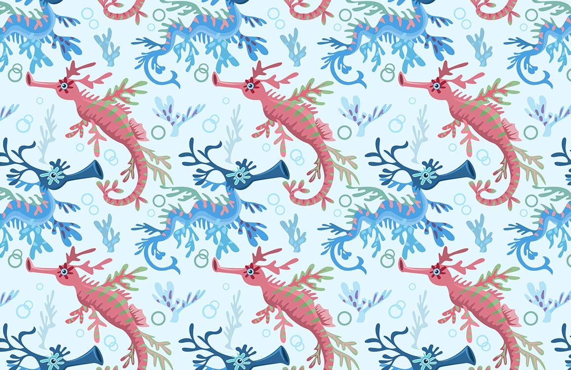 Motif mural hippocampes bleus et roses, papier peint mural hippocampes, design enfantin