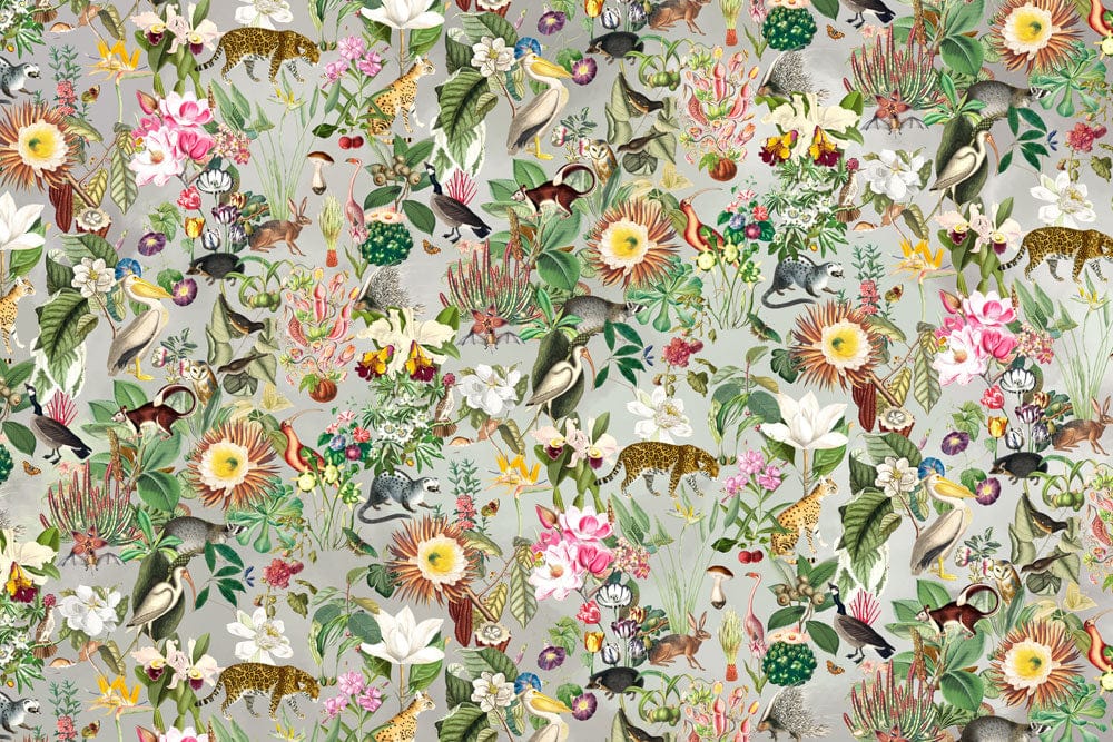 Papier peint mural avec motif floral exotique et faune pour décoration intérieure