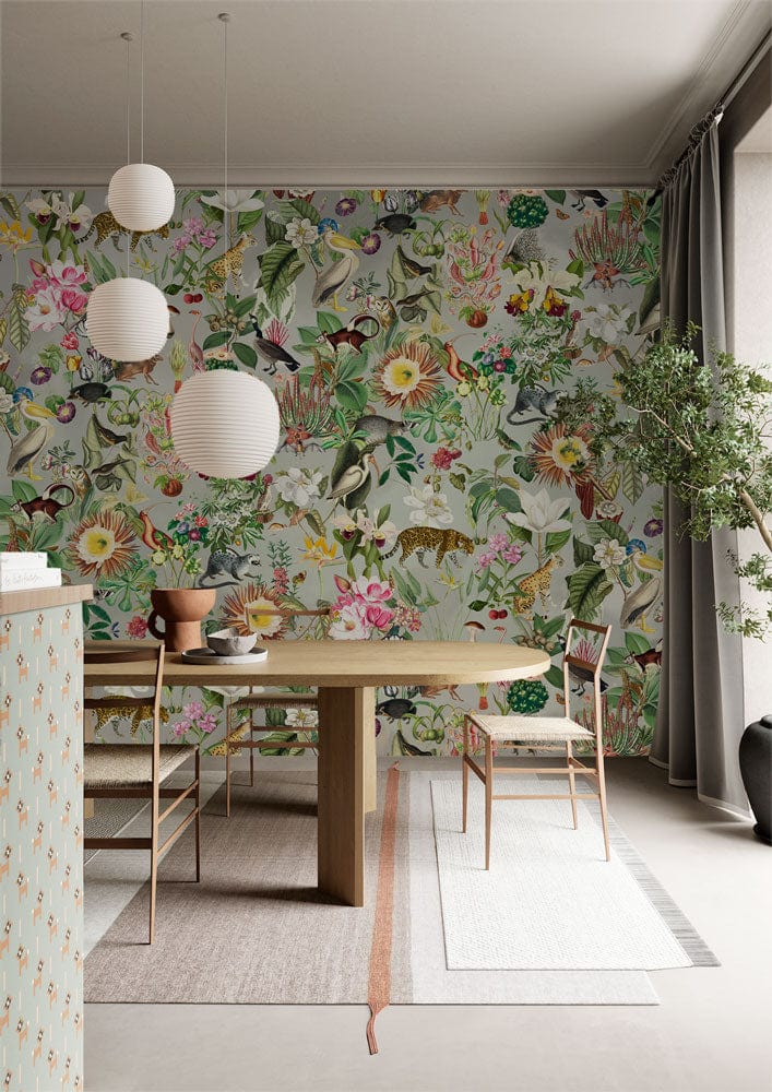 Papier peint mural tropical floral et animal pour salle à manger élégante
