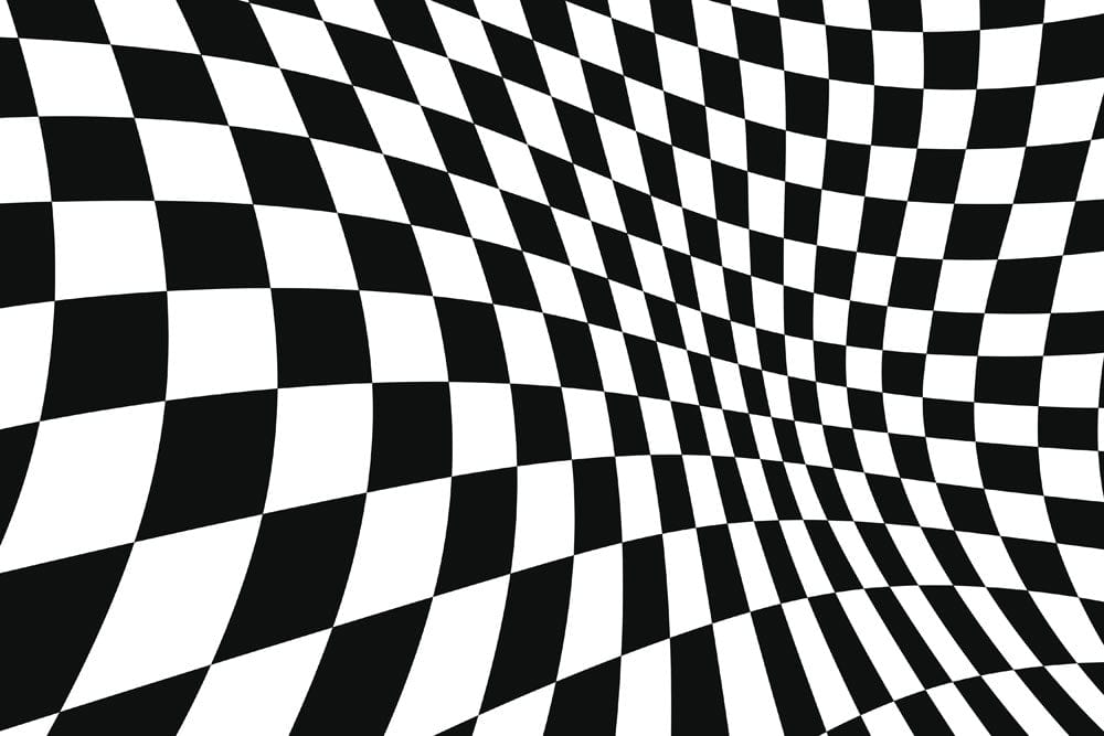 Papier peint mural illusion avec motif checkerboard déformé pour un effet 3D unique